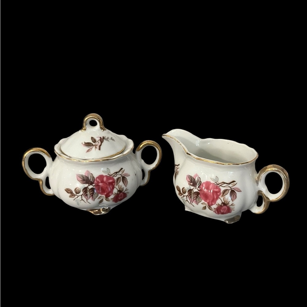 Vintage Fred Roberts Porcelain Rose Creamer & Sugar Gold Trim Serving Set Japan